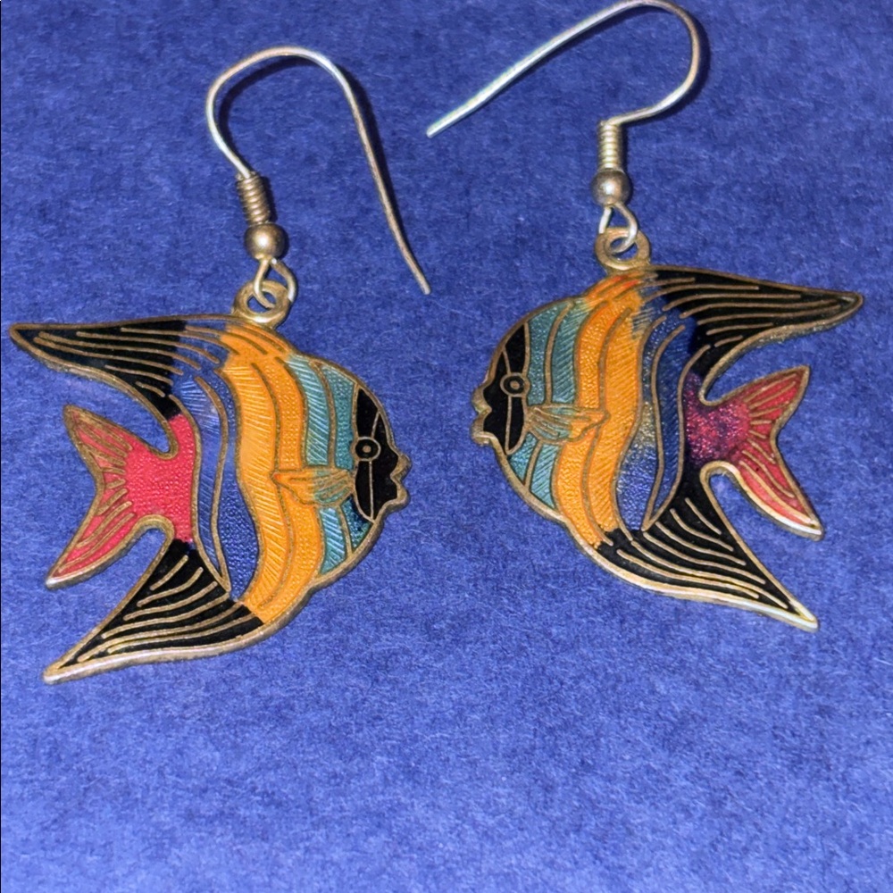 Vintage cloisonné angelfish pierced earrings